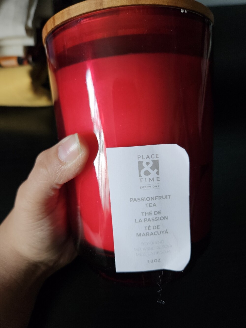 Place & Time Passionfruit Tea Scented Candle in Red Glass with Wood Lid